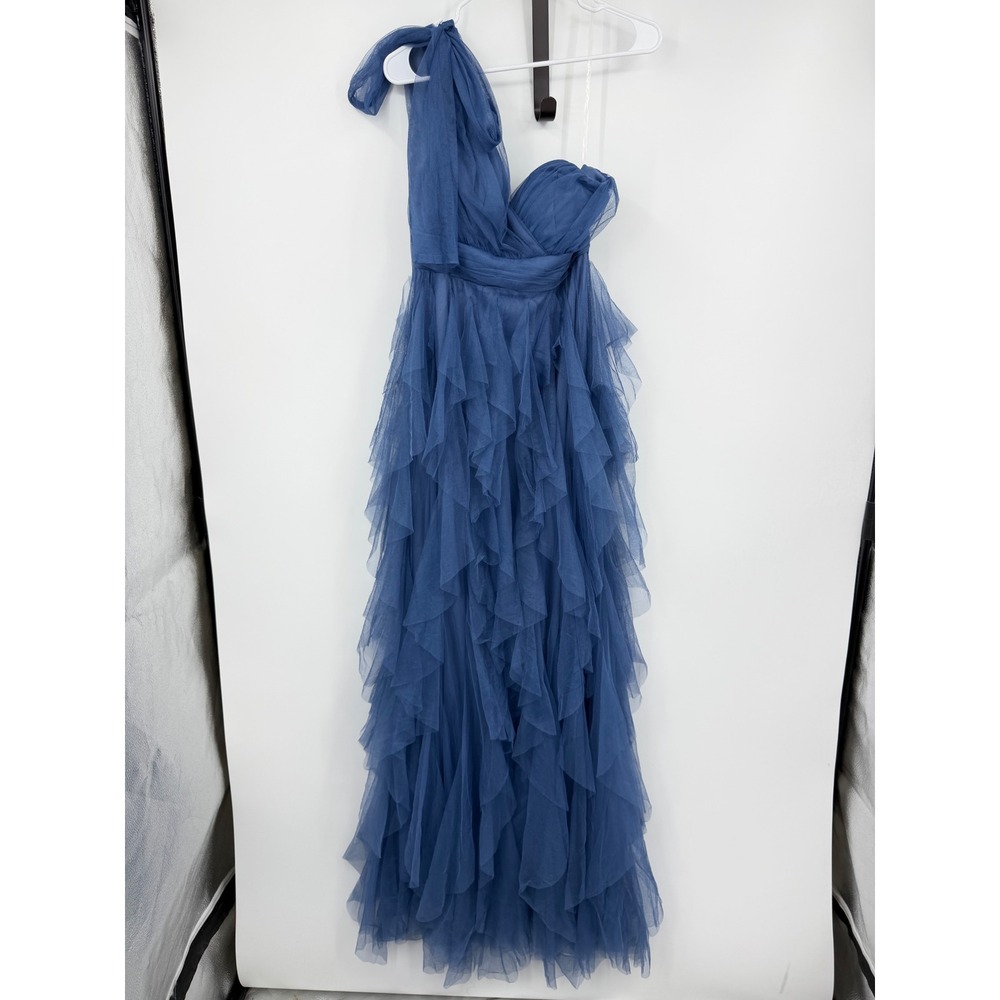 RQ Fashion One Shoulder Tulle Ruffle Maxi Dress‎ Womens Size S Blue Gown Prom